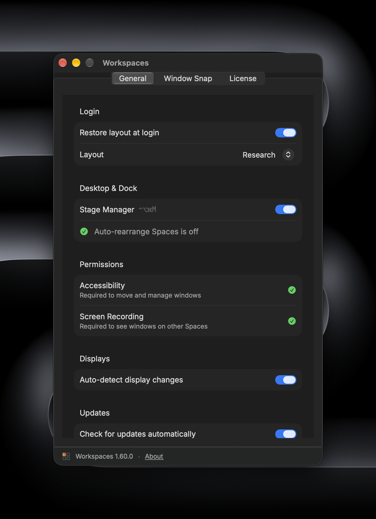 Login restore setting in Workspaces Settings