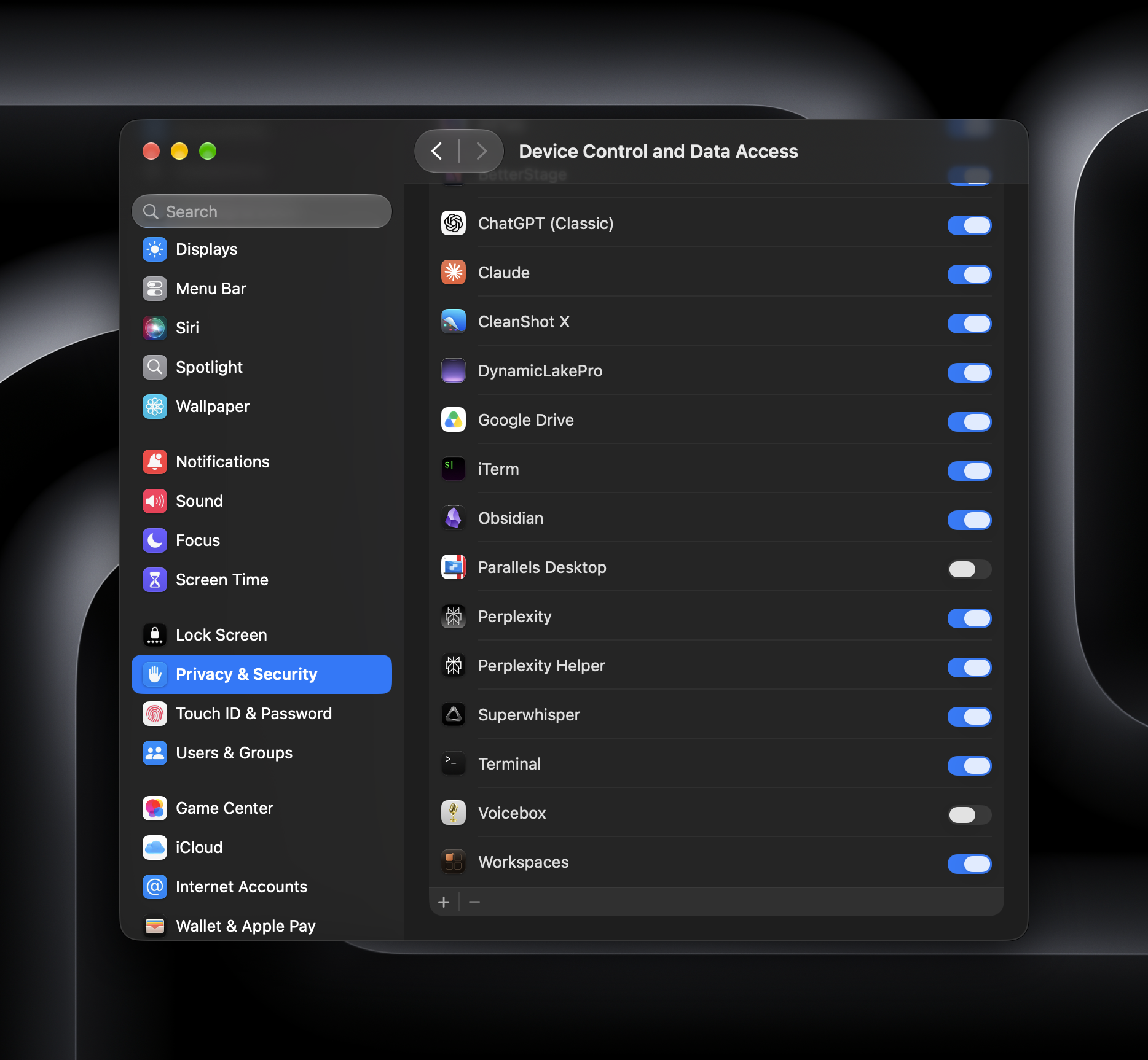 Toggle Workspaces on under Privacy & Security in System Settings