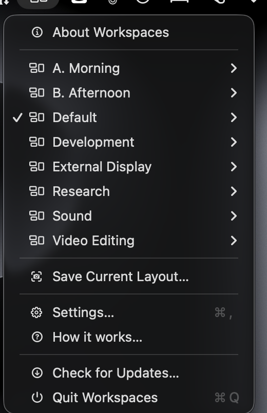 Workspaces menu bar dropdown showing the list of saved profiles