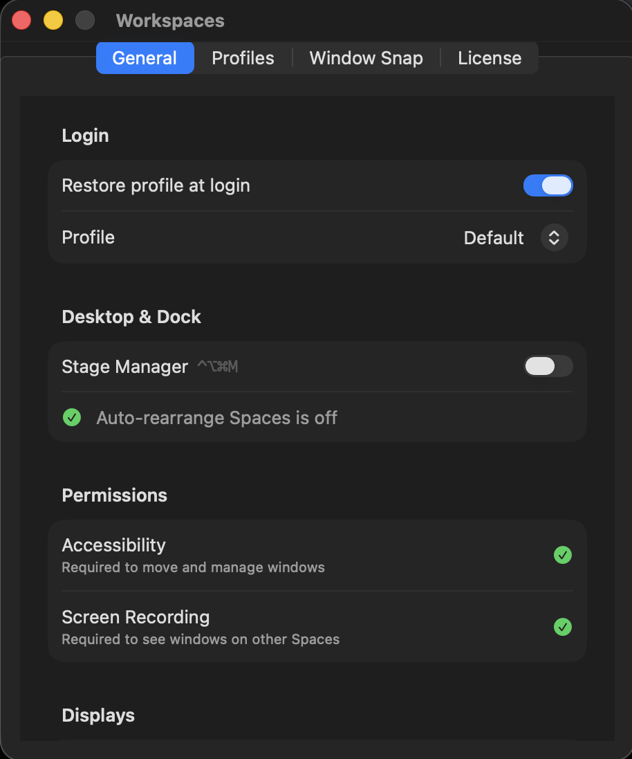 Workspaces Settings window, General tab, showing login restore and permissions