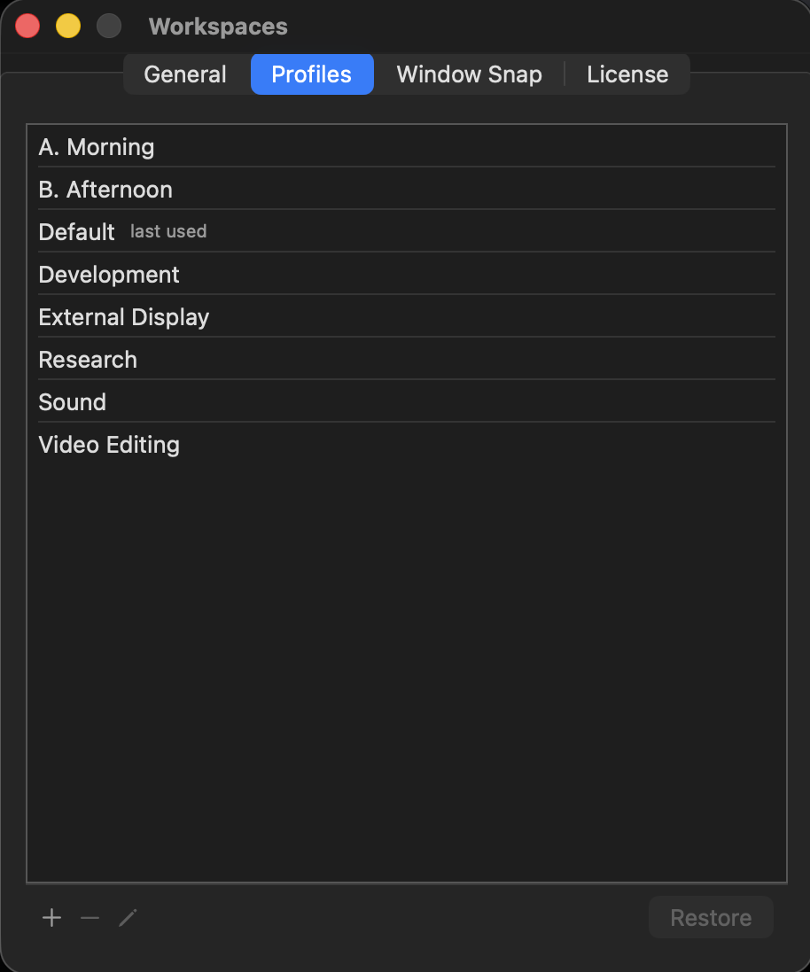 Workspaces Settings window, Profiles tab, showing the profile manager