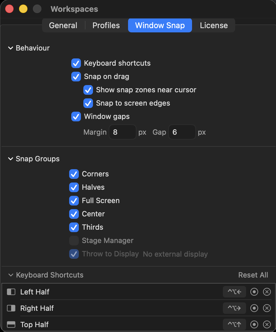 Workspaces Settings window, Window Snap tab, showing snap zones and keyboard shortcuts